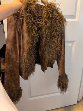 SHEIN Brown Faux-Fur Trimmed Leather-Look Jacket